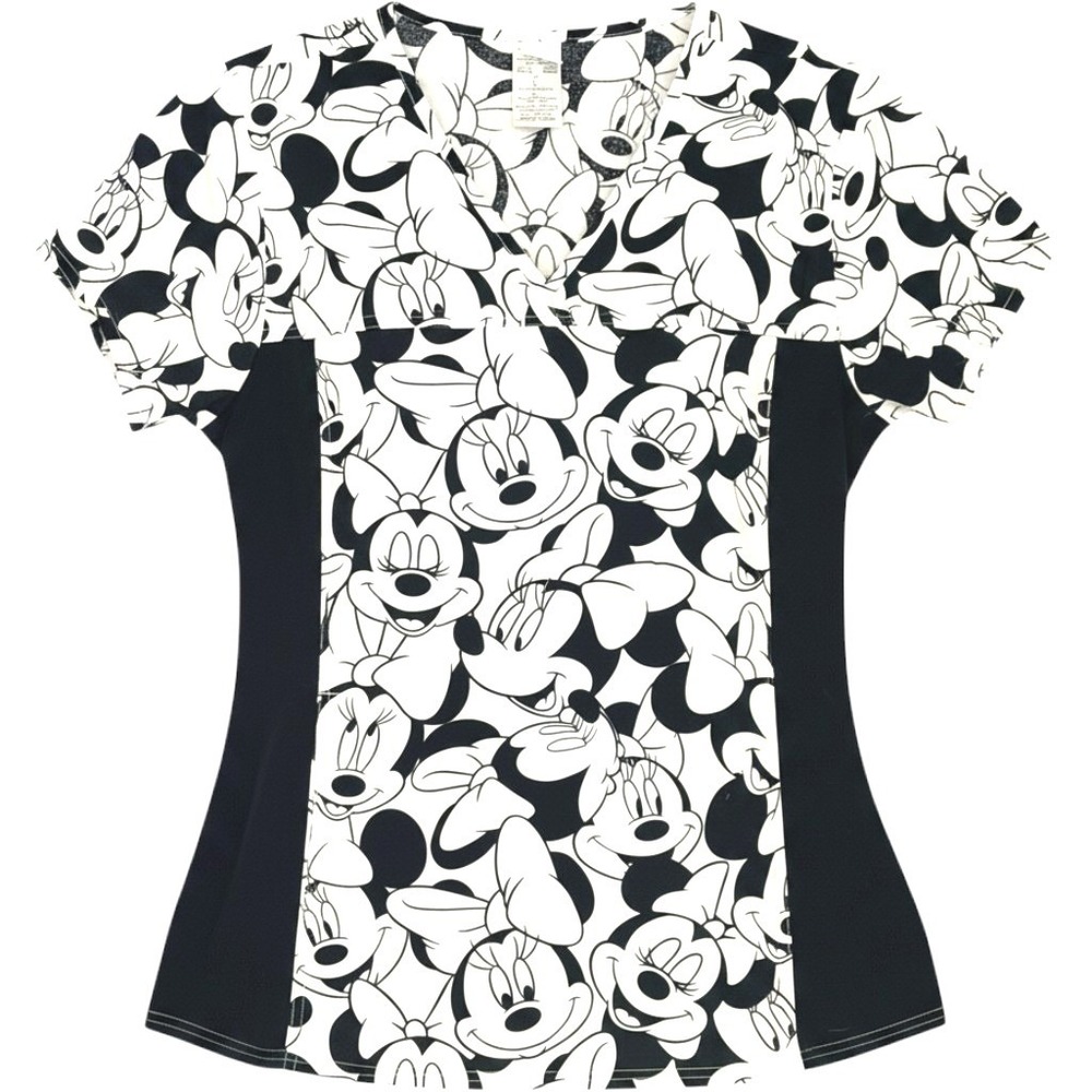 Disney Minnie Mouse Scrub Top Womens L Black White Cotton V-Neck Stretch Nursing